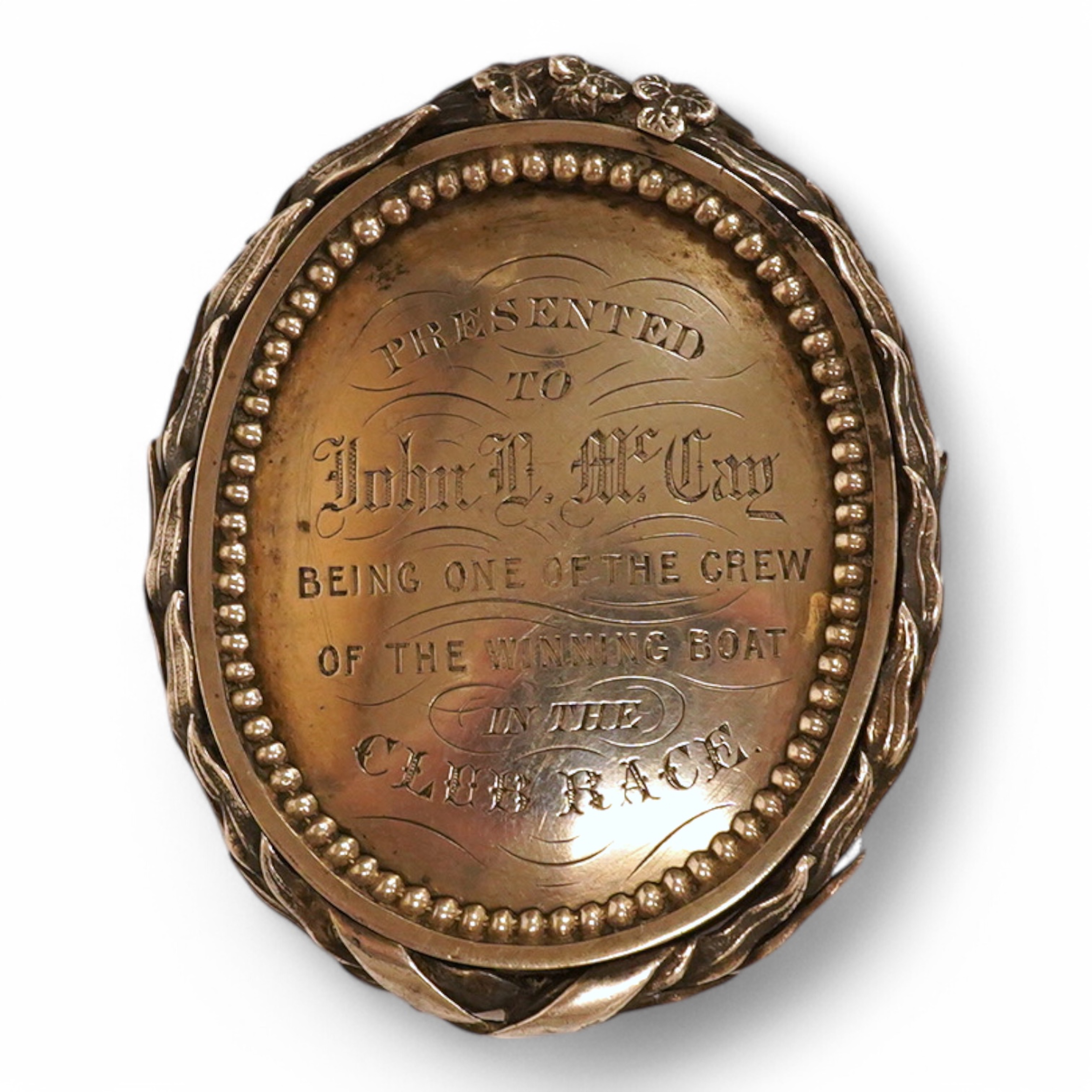 A Victorian oval medal, with foliate border and engraved inscription relating to the 'City of Derry Regatta, 28th August, 1868', 54mm. Condition - fair to good